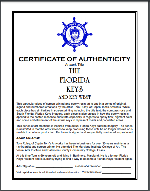 The Florida Keys and Key West Certificate of Authenticity